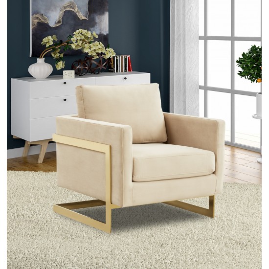 LeisureMod Lincoln Velvet Accent Armchair With Gold Frame, Beige, LA31BG