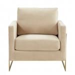 LeisureMod Lincoln Velvet Accent Armchair With Gold Frame, Beige, LA31BG