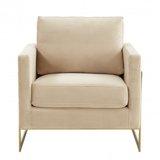 LeisureMod Lincoln Velvet Accent Armchair With Gold Frame, Beige, LA31BG