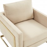 LeisureMod Lincoln Velvet Accent Armchair With Gold Frame, Beige, LA31BG