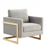 LeisureMod Lincoln Velvet Accent Armchair With Gold Frame, Light Grey, LA31LGR