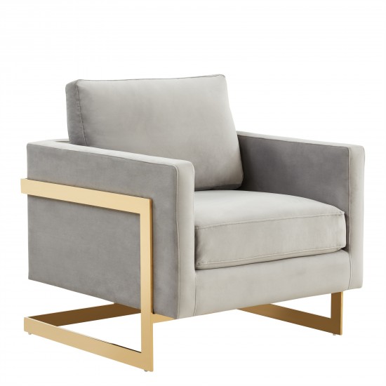 LeisureMod Lincoln Velvet Accent Armchair With Gold Frame, Light Grey, LA31LGR