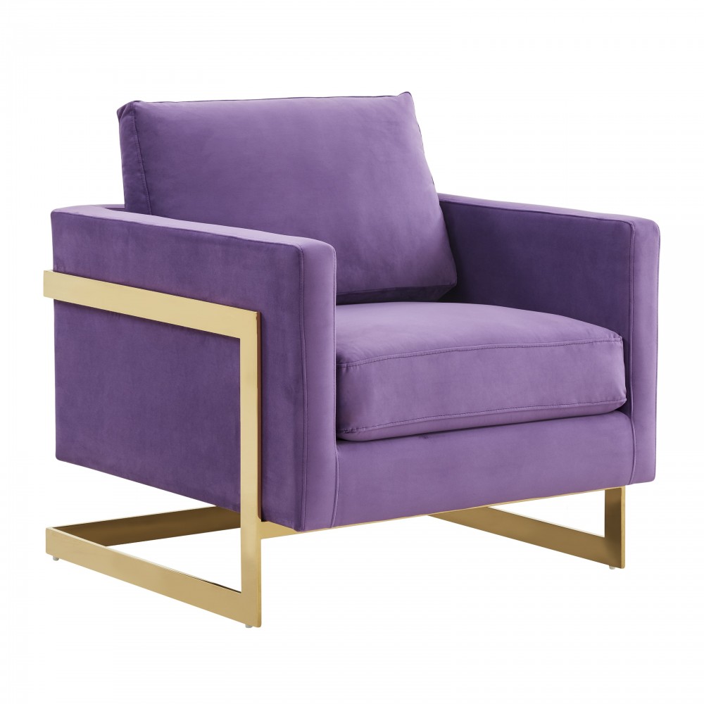 LeisureMod Lincoln Velvet Accent Armchair With Gold Frame, Purple, LA31PR