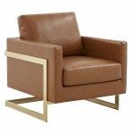 Modern Upholstered Leather Accent Armchair, Gold Frame, Cognac Tan, LA31BR-L