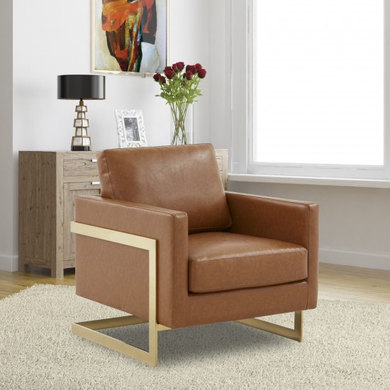 Modern Upholstered Leather Accent Armchair, Gold Frame, Cognac Tan, LA31BR-L