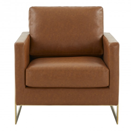 Modern Upholstered Leather Accent Armchair, Gold Frame, Cognac Tan, LA31BR-L