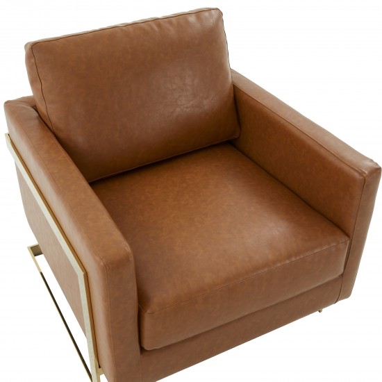 Modern Upholstered Leather Accent Armchair, Gold Frame, Cognac Tan, LA31BR-L