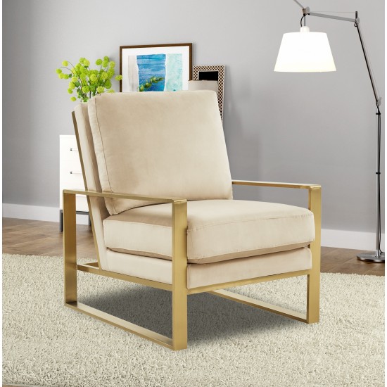 Jefferson Velvet Design Accent Armchair, Gold Brass Finish Frame, Beige, JA29BG