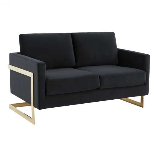 Mid-Century Upholstered Velvet Loveseat, Gold Frame, Midnight Black, LA55BL