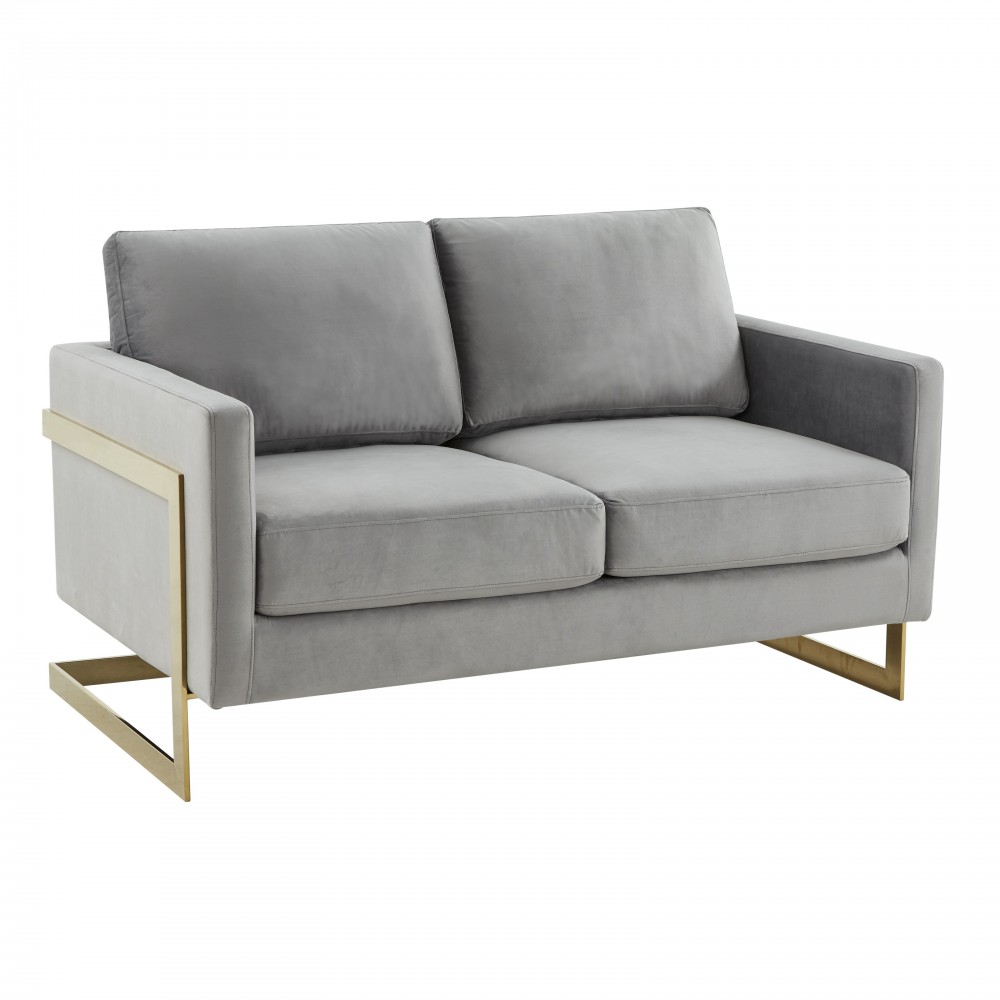 Modern Mid-Century Upholstered Velvet Loveseat, Gold Frame, Light Grey, LA55LGR Modern Mid-Century Upholstered Velvet Loveseat, Gold Frame, Light Grey, LA55LGR