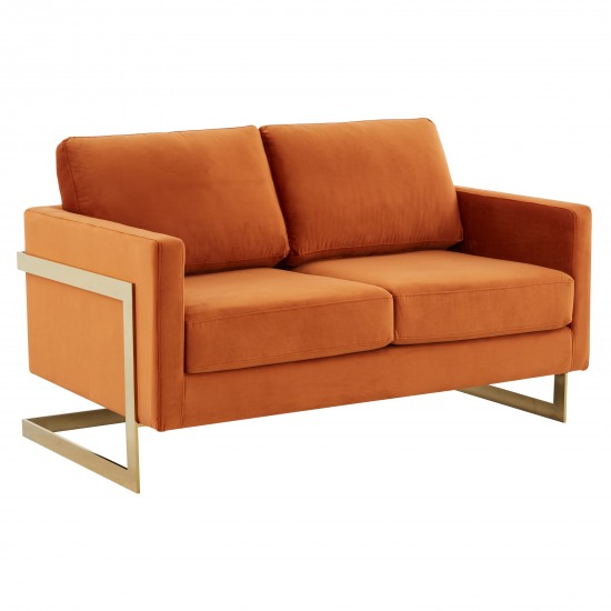 Mid-Century Upholstered Velvet Loveseat, Gold Frame, Orange Marmalade, LA55OR