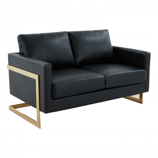 Modern Mid-Century Upholstered Leather Loveseat, Gold Frame, Black, LA55BL-L