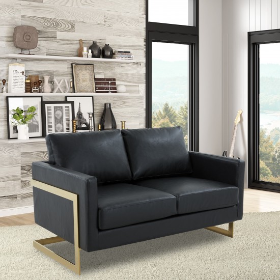 Modern Mid-Century Upholstered Leather Loveseat, Gold Frame, Black, LA55BL-L