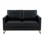 Modern Mid-Century Upholstered Leather Loveseat, Gold Frame, Black, LA55BL-L