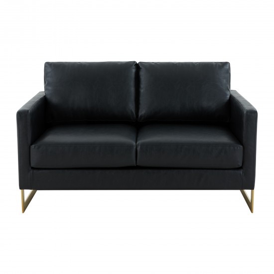 Modern Mid-Century Upholstered Leather Loveseat, Gold Frame, Black, LA55BL-L