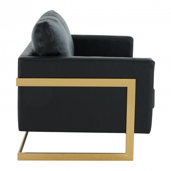 Modern Mid-Century Upholstered Leather Loveseat, Gold Frame, Black, LA55BL-L