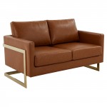Modern MidCentury Upholstered Leather Loveseat, Gold Frame, Cognac Tan, LA55BR-L