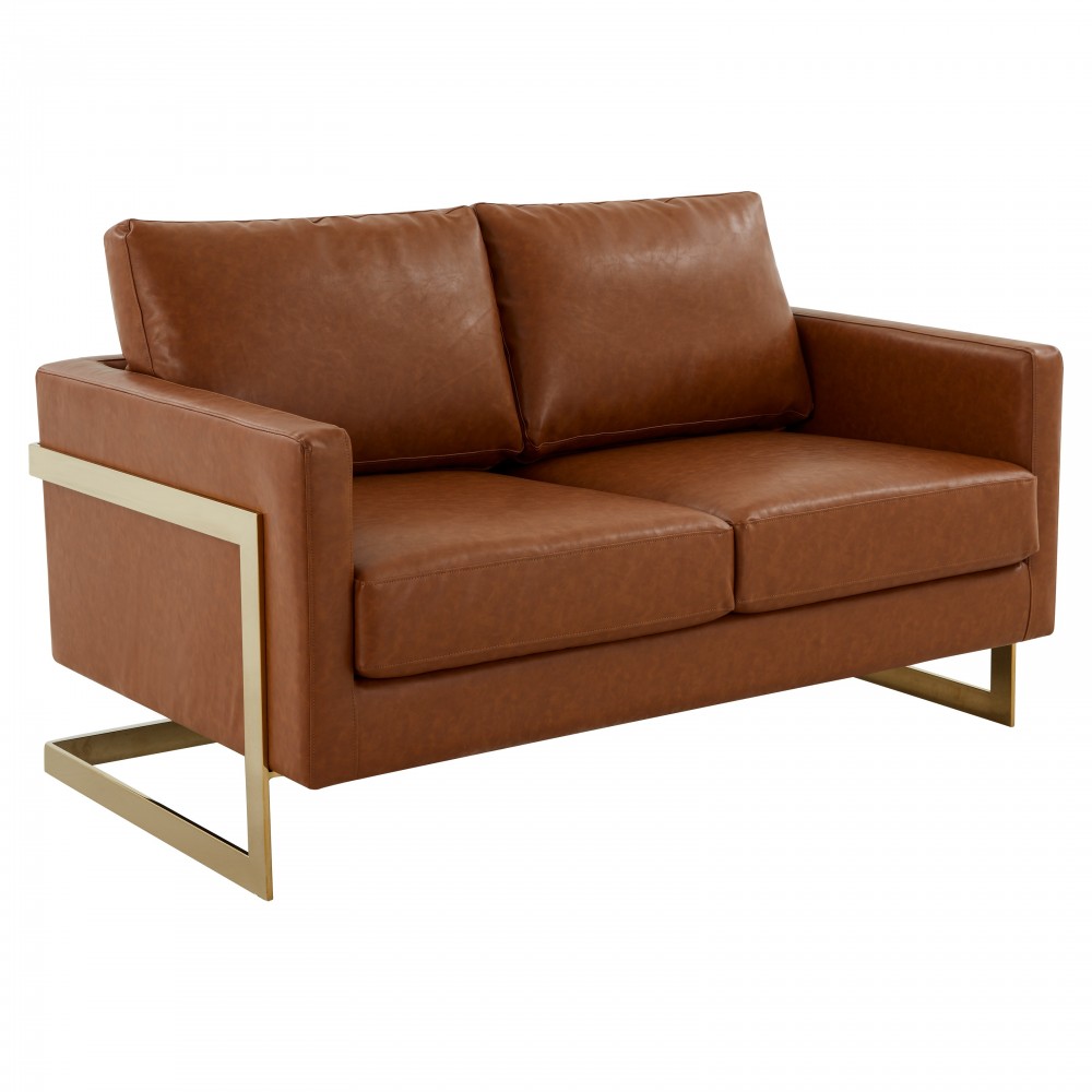 Modern MidCentury Upholstered Leather Loveseat, Gold Frame, Cognac Tan, LA55BR-L Modern MidCentury Upholstered Leather Loveseat, Gold Frame, Cognac Tan, LA55BR-L