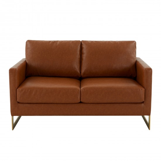 Modern MidCentury Upholstered Leather Loveseat, Gold Frame, Cognac Tan, LA55BR-L