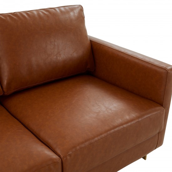 Modern MidCentury Upholstered Leather Loveseat, Gold Frame, Cognac Tan, LA55BR-L