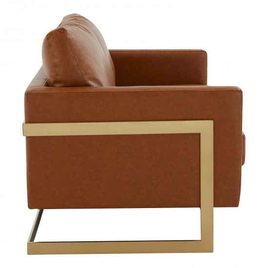 Modern MidCentury Upholstered Leather Loveseat, Gold Frame, Cognac Tan, LA55BR-L