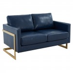 Modern Mid-Century Upholstered Leather Loveseat, Gold Frame, Navy Blue, LA55BU-L