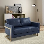 Modern Mid-Century Upholstered Leather Loveseat, Gold Frame, Navy Blue, LA55BU-L