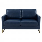 Modern Mid-Century Upholstered Leather Loveseat, Gold Frame, Navy Blue, LA55BU-L