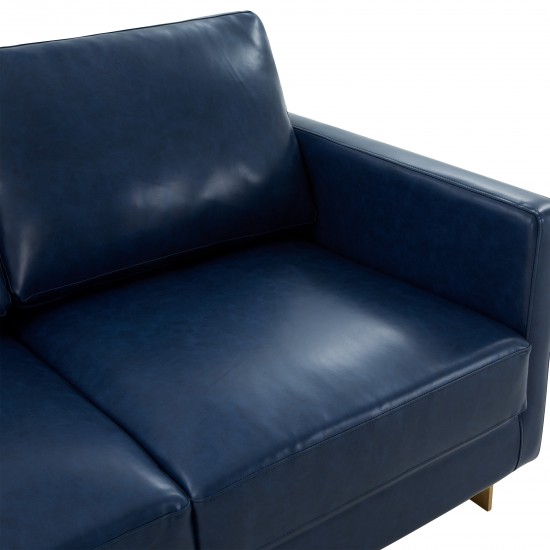 Modern Mid-Century Upholstered Leather Loveseat, Gold Frame, Navy Blue, LA55BU-L