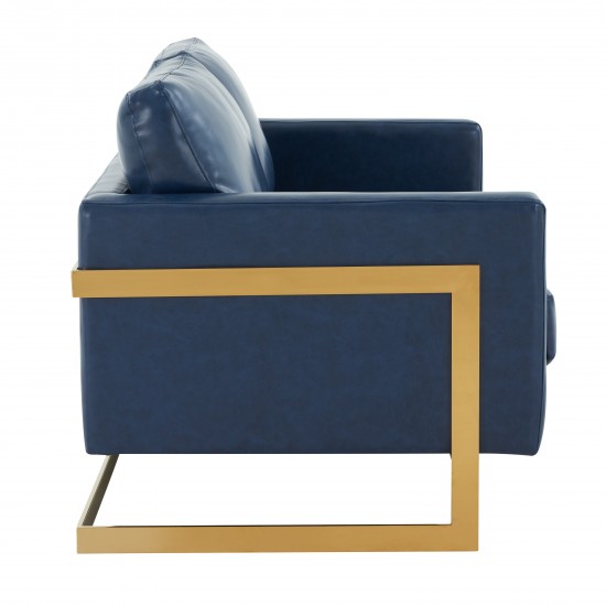 Modern Mid-Century Upholstered Leather Loveseat, Gold Frame, Navy Blue, LA55BU-L