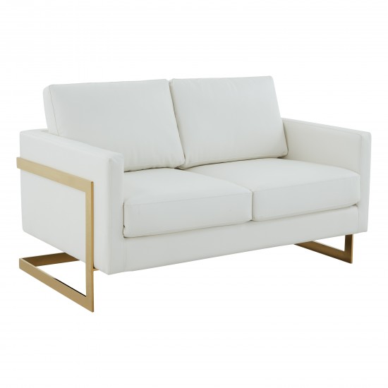 Modern Mid-Century Upholstered Leather Loveseat, Gold Frame, White, LA55W-L