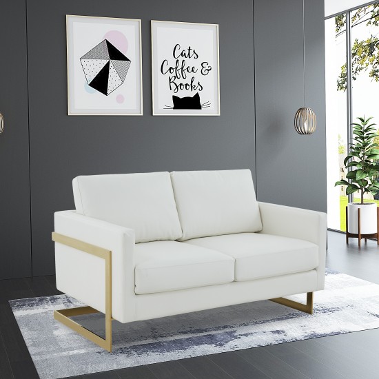 Modern Mid-Century Upholstered Leather Loveseat, Gold Frame, White, LA55W-L