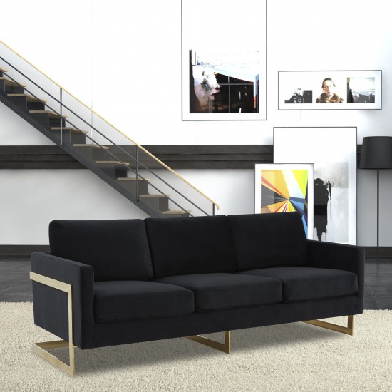 Modern Mid-Century Upholstered Velvet Sofa, Gold Frame, Midnight Black, LA83BL