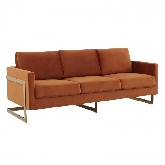 Modern Mid-Century Upholstered Velvet Sofa, Gold Frame, Orange Marmalade, LA83OR