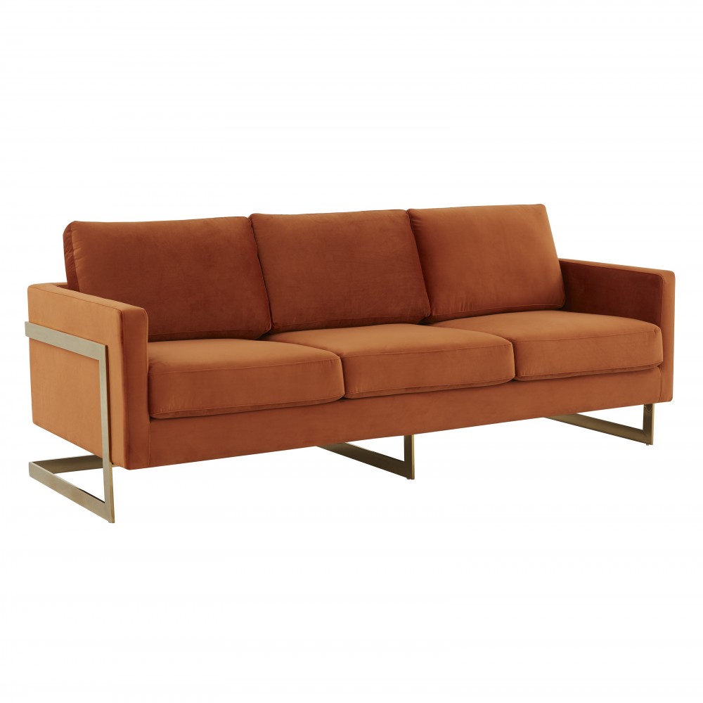 Modern Mid-Century Upholstered Velvet Sofa, Gold Frame, Orange Marmalade, LA83OR Modern Mid-Century Upholstered Velvet Sofa, Gold Frame, Orange Marmalade, LA83OR