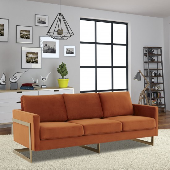 Modern Mid-Century Upholstered Velvet Sofa, Gold Frame, Orange Marmalade, LA83OR