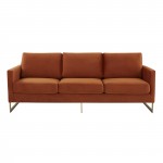 Modern Mid-Century Upholstered Velvet Sofa, Gold Frame, Orange Marmalade, LA83OR