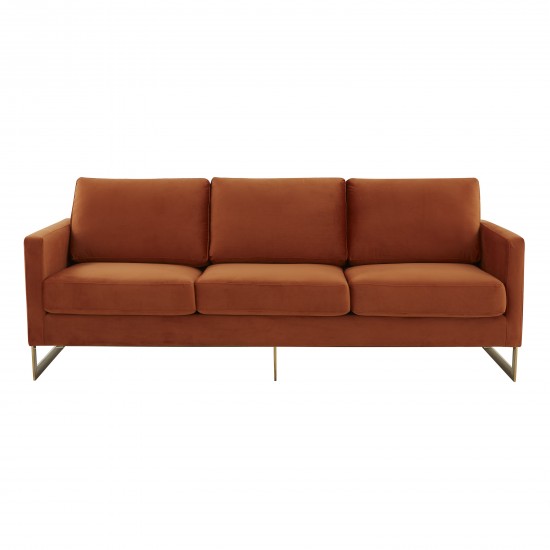 Modern Mid-Century Upholstered Velvet Sofa, Gold Frame, Orange Marmalade, LA83OR
