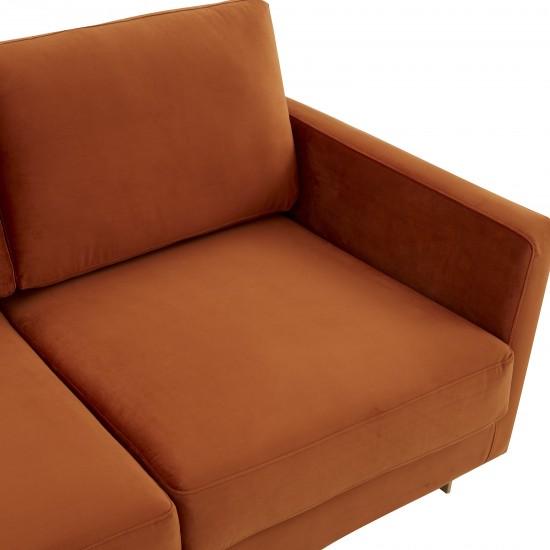 Modern Mid-Century Upholstered Velvet Sofa, Gold Frame, Orange Marmalade, LA83OR