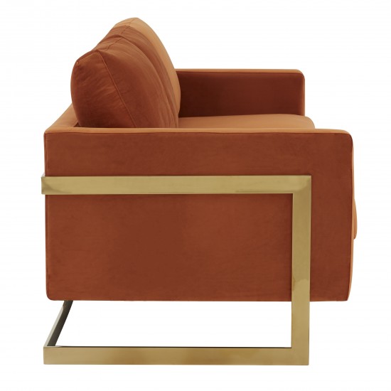 Modern Mid-Century Upholstered Velvet Sofa, Gold Frame, Orange Marmalade, LA83OR