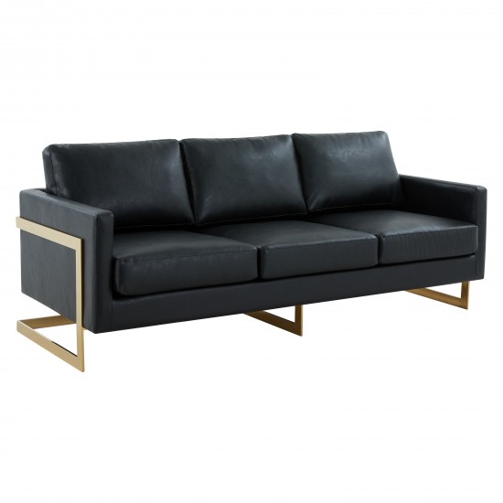 Lincoln Modern Mid-Century Upholstered Leather Sofa, Gold Frame, Black, LA83BL-L