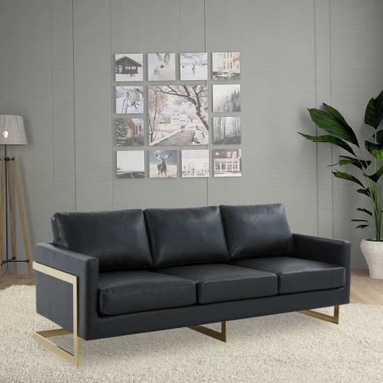 Lincoln Modern Mid-Century Upholstered Leather Sofa, Gold Frame, Black, LA83BL-L