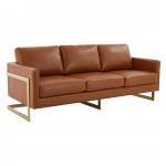 Modern Mid-Century Upholstered Leather Sofa, Gold Frame, Cognac Tan, LA83BR-L