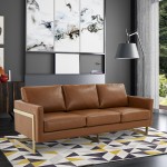 Modern Mid-Century Upholstered Leather Sofa, Gold Frame, Cognac Tan, LA83BR-L