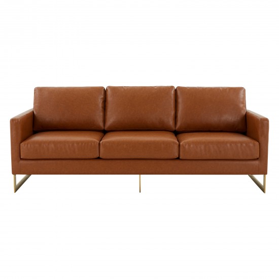 Modern Mid-Century Upholstered Leather Sofa, Gold Frame, Cognac Tan, LA83BR-L