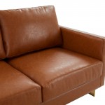 Modern Mid-Century Upholstered Leather Sofa, Gold Frame, Cognac Tan, LA83BR-L