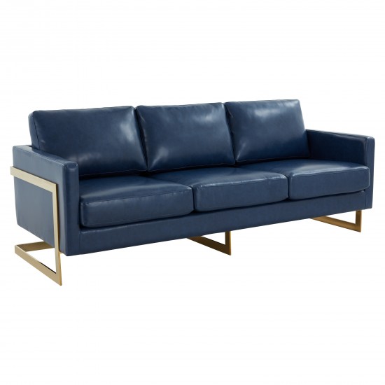 Modern Mid-Century Upholstered Leather Sofa, Gold Frame, Navy Blue, LA83BU-L