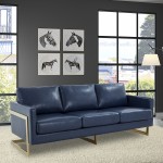 Modern Mid-Century Upholstered Leather Sofa, Gold Frame, Navy Blue, LA83BU-L