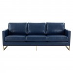 Modern Mid-Century Upholstered Leather Sofa, Gold Frame, Navy Blue, LA83BU-L