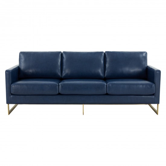 Modern Mid-Century Upholstered Leather Sofa, Gold Frame, Navy Blue, LA83BU-L